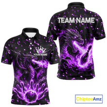 Load image into Gallery viewer, Fire flame dragon bowling polo quarter zip shirt for men purple bowling team jersey