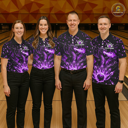 Fire Flame Dragon Bowling Polo Quarter Zip Shirts For Men Custom Team Bowling Jerseys | Purple NYN3452