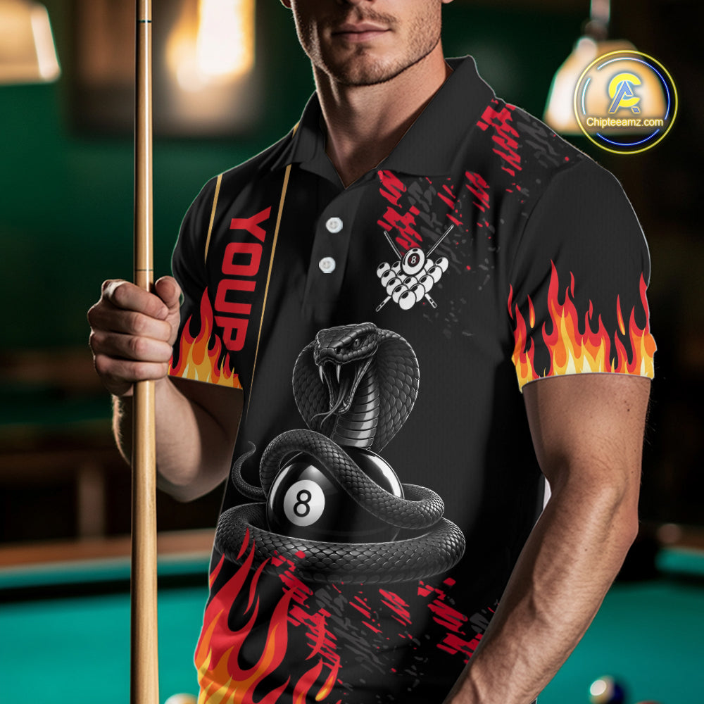 Red Fire Flame Cobra 8 Ball Pool Shirt For Men Custom Billiard League Team Polo & 1/4 Zip Jersey NYN4020