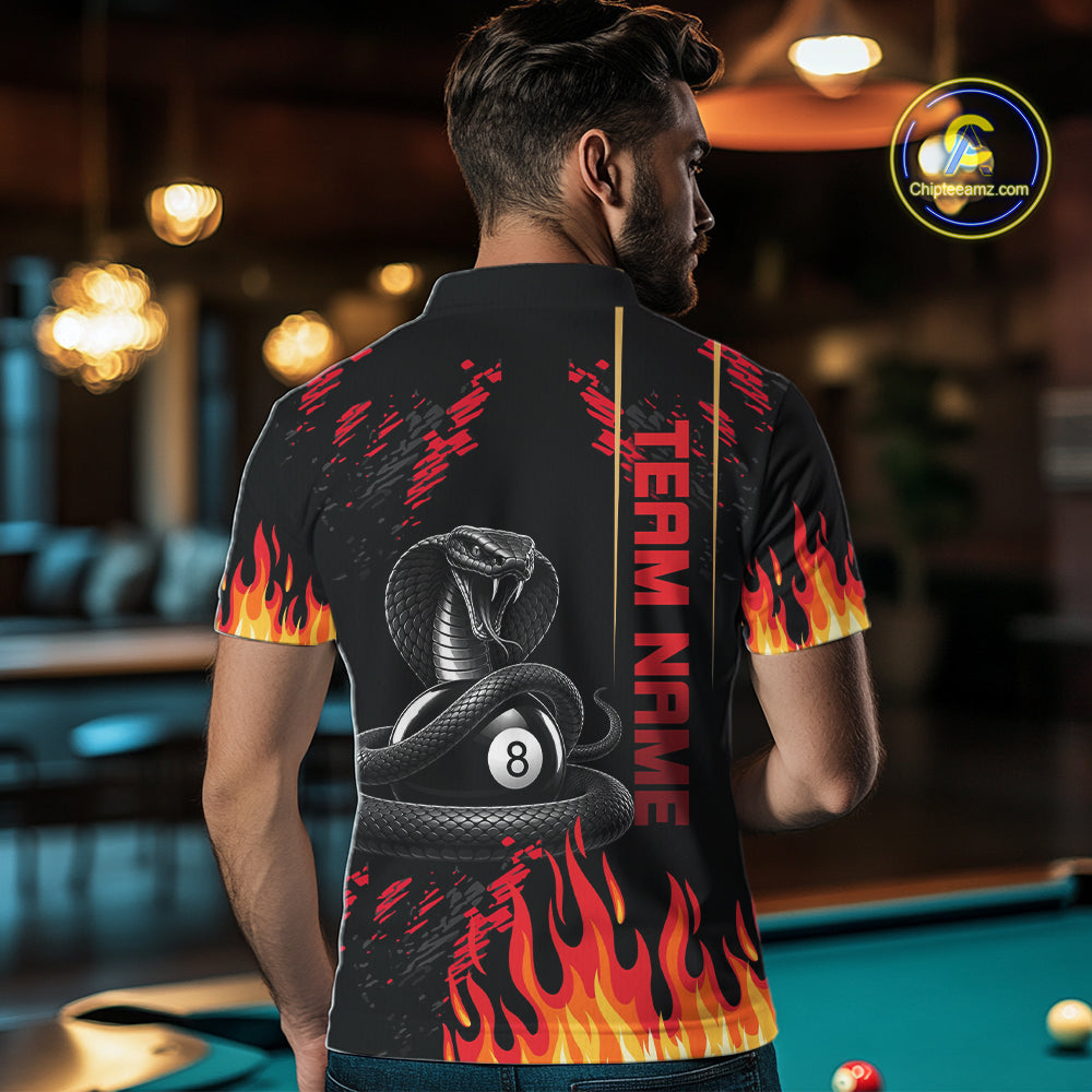Red Fire Flame Cobra 8 Ball Pool Shirt For Men Custom Billiard League Team Polo & 1/4 Zip Jersey NYN4020