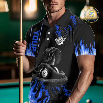 Blue Fire Flame Cobra 8 Ball Pool Shirt For Men Custom Billiard League Team Polo & 1/4 Zip Jersey NYN4021