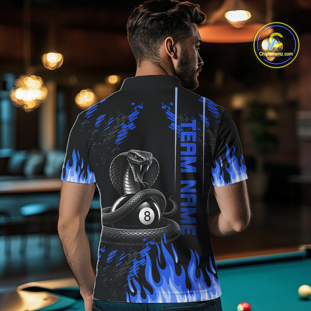 Blue Fire Flame Cobra 8 Ball Pool Shirt For Men Custom Billiard League Team Polo & 1/4 Zip Jersey NYN4021