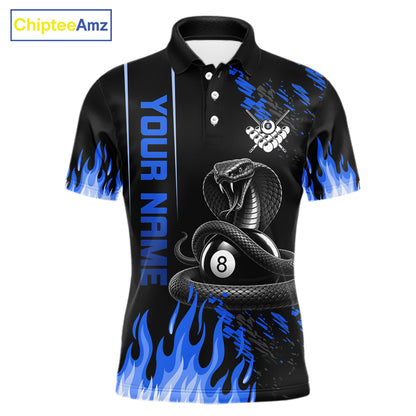 Blue Fire Flame Cobra 8 Ball Pool Shirt For Men Custom Billiard League Team Polo & 1/4 Zip Jersey NYN4021