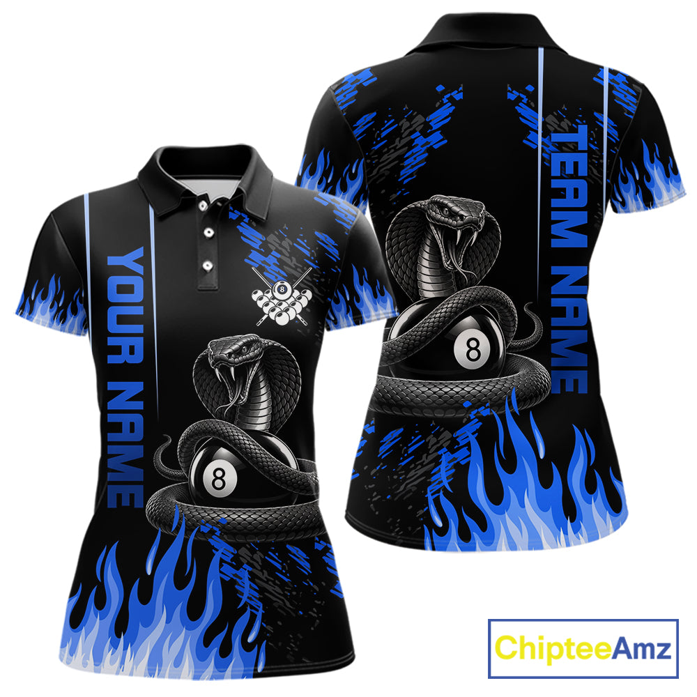 Blue Fire Flame Cobra 8 Ball Pool Shirt For Women Custom Billiard League Team Polo & 1/4 Zip Jersey NYN4021