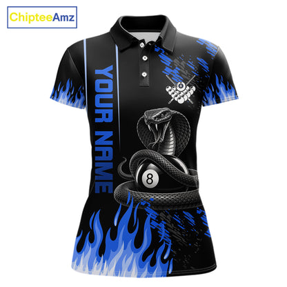 Blue Fire Flame Cobra 8 Ball Pool Shirt For Women Custom Billiard League Team Polo & 1/4 Zip Jersey NYN4021