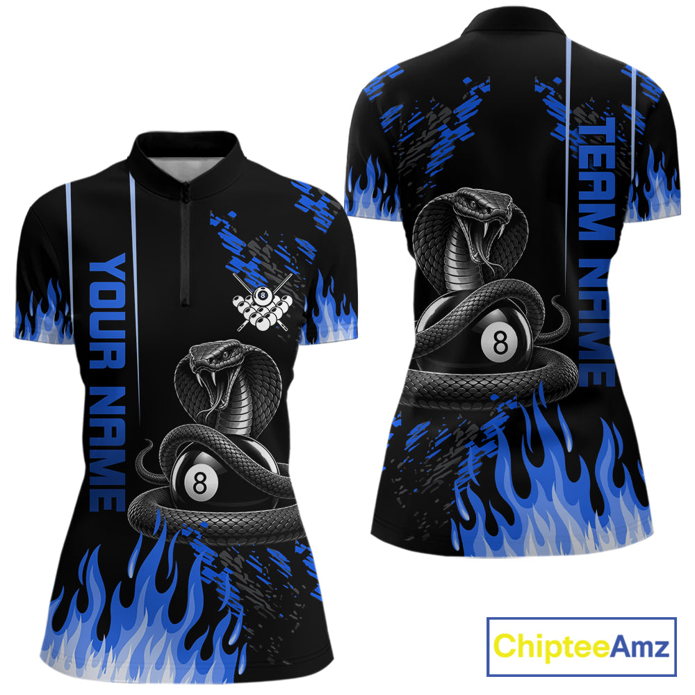 Blue Fire Flame Cobra 8 Ball Pool Shirt For Women Custom Billiard League Team Polo & 1/4 Zip Jersey NYN4021