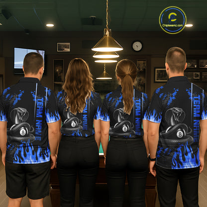 Blue Fire Flame Cobra 8 Ball Pool Shirt For Men Custom Billiard League Team Polo & 1/4 Zip Jersey NYN4021