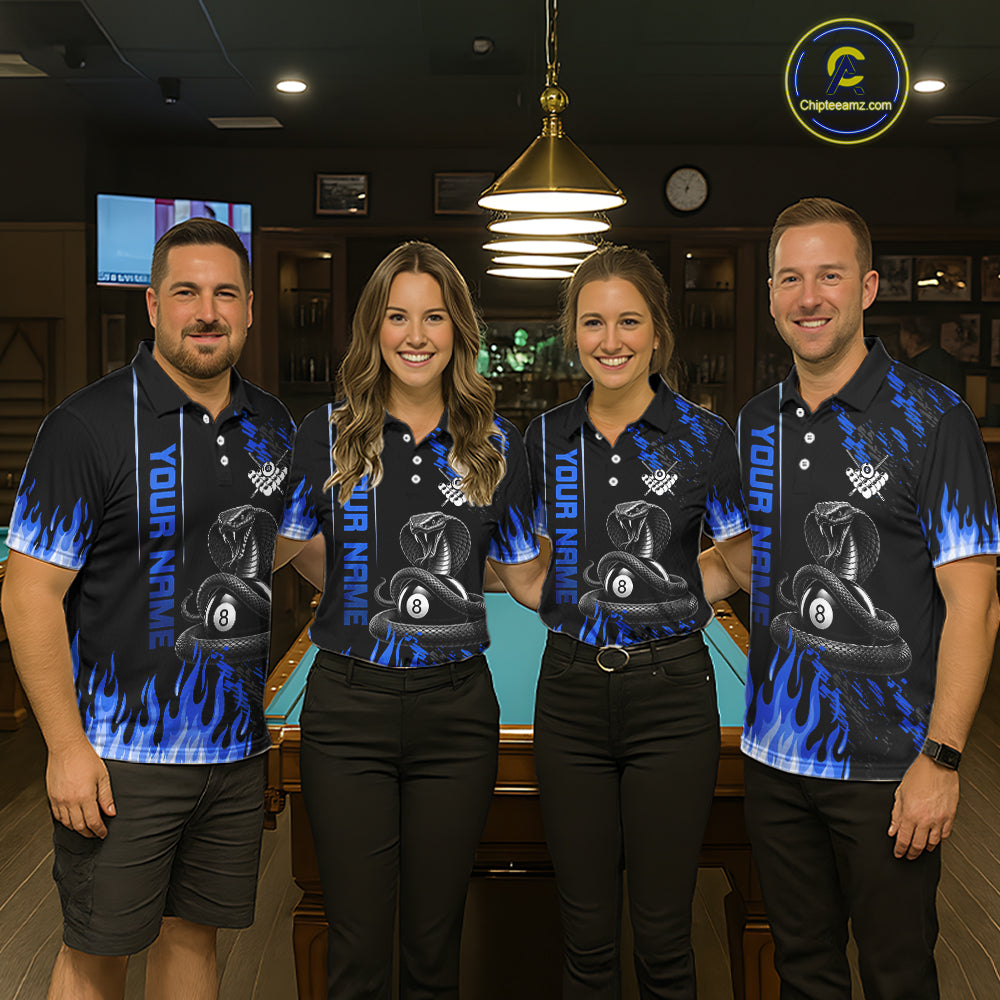 Blue Fire Flame Cobra 8 Ball Pool Shirt For Men Custom Billiard League Team Polo & 1/4 Zip Jersey NYN4021