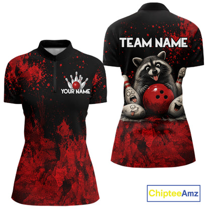 Red Splatter Cute Raccoon Women Bowling Shirts Custom Funny Bowling Pins Team Jerseys For Bowlers NYN3197