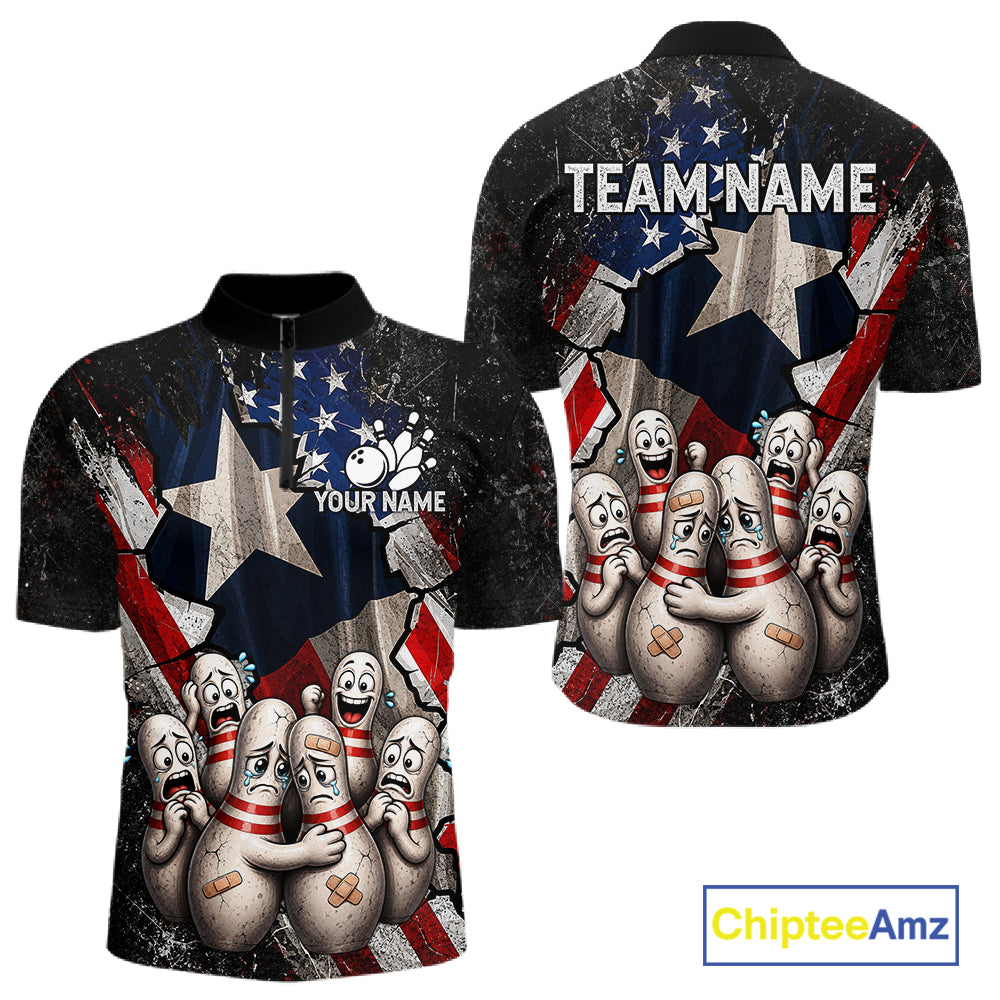 Funny Sad Pins Mascot Patriotic Bowling Jersey For Men Custom Texas - US Flag Bowling Team Shirts NYN3199