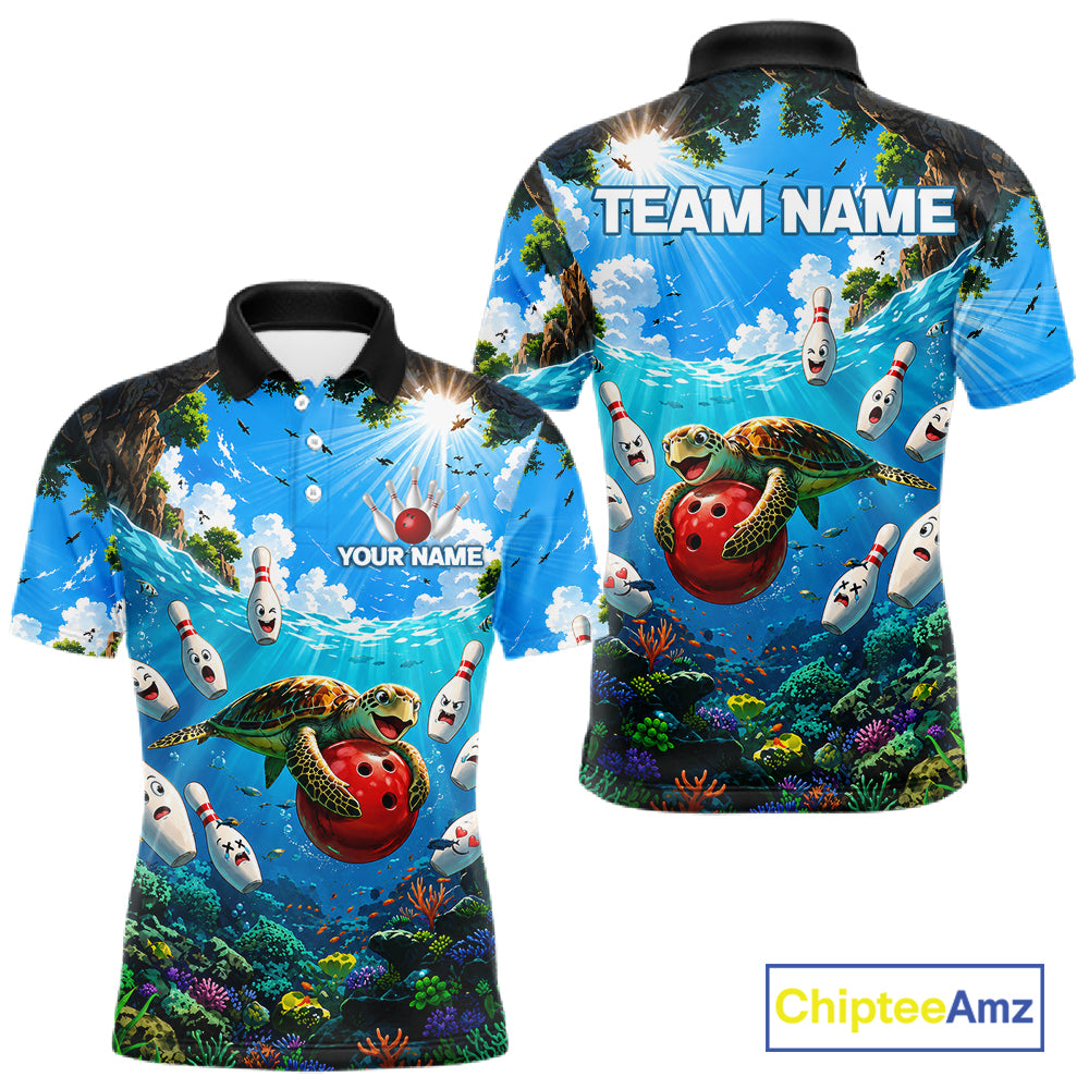 Funny ocean turtle bowling polo shirt for men custom bowling team jersey mockup