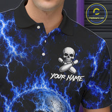 Load image into Gallery viewer, Man wearing blue skull thunder lightning bowling shirt custom bowling apparel
