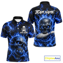 Load image into Gallery viewer, Men's blue skull thunder lightning bowling polo shirt custom bowling jersey mockup