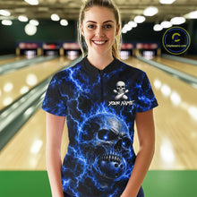 Load image into Gallery viewer, Woman wearing blue skull thunder lightning bowling shirt custom bowling apparel
