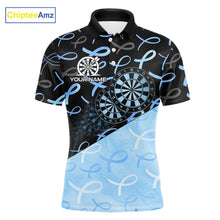 Load image into Gallery viewer, Blue Black Ribbon Men's Darts Polo Shirt Mockup, Custom Awareness Dart Tournament Jersey, Personalized Charity Team Apparel