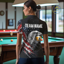 Load image into Gallery viewer, Female model wearing Custom US Flag Eagle pool polo, patriotic women's billiard tournament jersey, personalized APA league apparel, American eagle cue sports uniform, performance athletic clothing