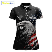Load image into Gallery viewer, Custom US Flag Eagle women's 8 Ball &amp; 9 Ball billiard polo featuring patriotic American flag, soaring eagle and cue ball graphics, personalized pool team jersey, league apparel, cue sports performance shirt, veterans tournament uniform, moisture-wicking athletic polo