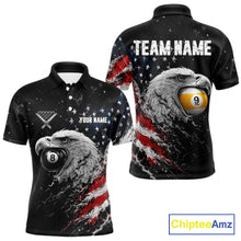 Load image into Gallery viewer, Custom US Flag Eagle men's 8 Ball &amp; 9 Ball billiard polo featuring patriotic eagle artwork, personalized pool tournament jersey, APA league cue sports apparel, championship team uniform, breathable performance sportswear