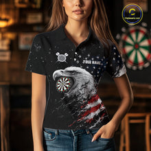 Load image into Gallery viewer, Female model wearing USA Flag Eagle Women's Custom Darts Polo, Personalized Tournament Apparel