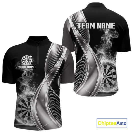 Black And Silver Darts 1/4-Zip Shirts For Men Custom White Smoke Dartboard Dart Team Jerseys NYN2446