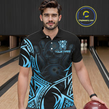 Load image into Gallery viewer, Mens Skull Bowling Shirts Blue Tribal Pattern Custom Skull Bowling Polo Quarter-Zip Team Jersey NYN3756