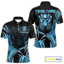 Load image into Gallery viewer, Mens Skull Bowling Shirts Blue Tribal Pattern Custom Skull Bowling Polo Quarter-Zip Team Jersey NYN3756