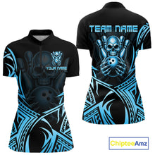 Load image into Gallery viewer, Womens Skull Bowling Shirts Blue Tribal Pattern Custom Skull Bowling Polo Quarter-Zip Team Jersey NYN3756