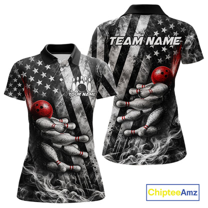 Smoke US Flag Patriotic Bowling Shirt For Women Custom Red Grunge Strike Bowling Team Jerseys NYN4062