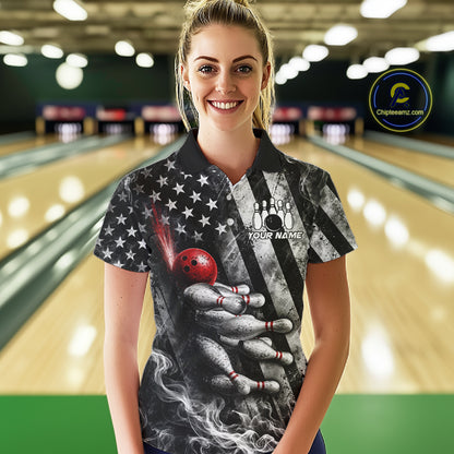Smoke US Flag Patriotic Bowling Shirt For Women Custom Red Grunge Strike Bowling Team Jerseys NYN4062