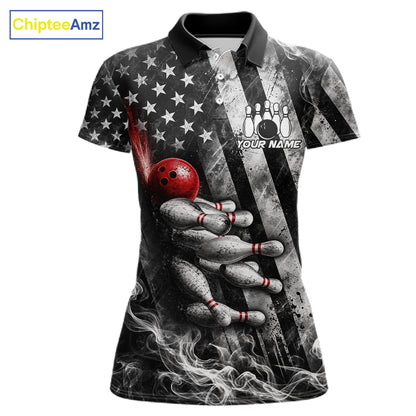 Smoke US Flag Patriotic Bowling Shirt For Women Custom Red Grunge Strike Bowling Team Jerseys NYN4062