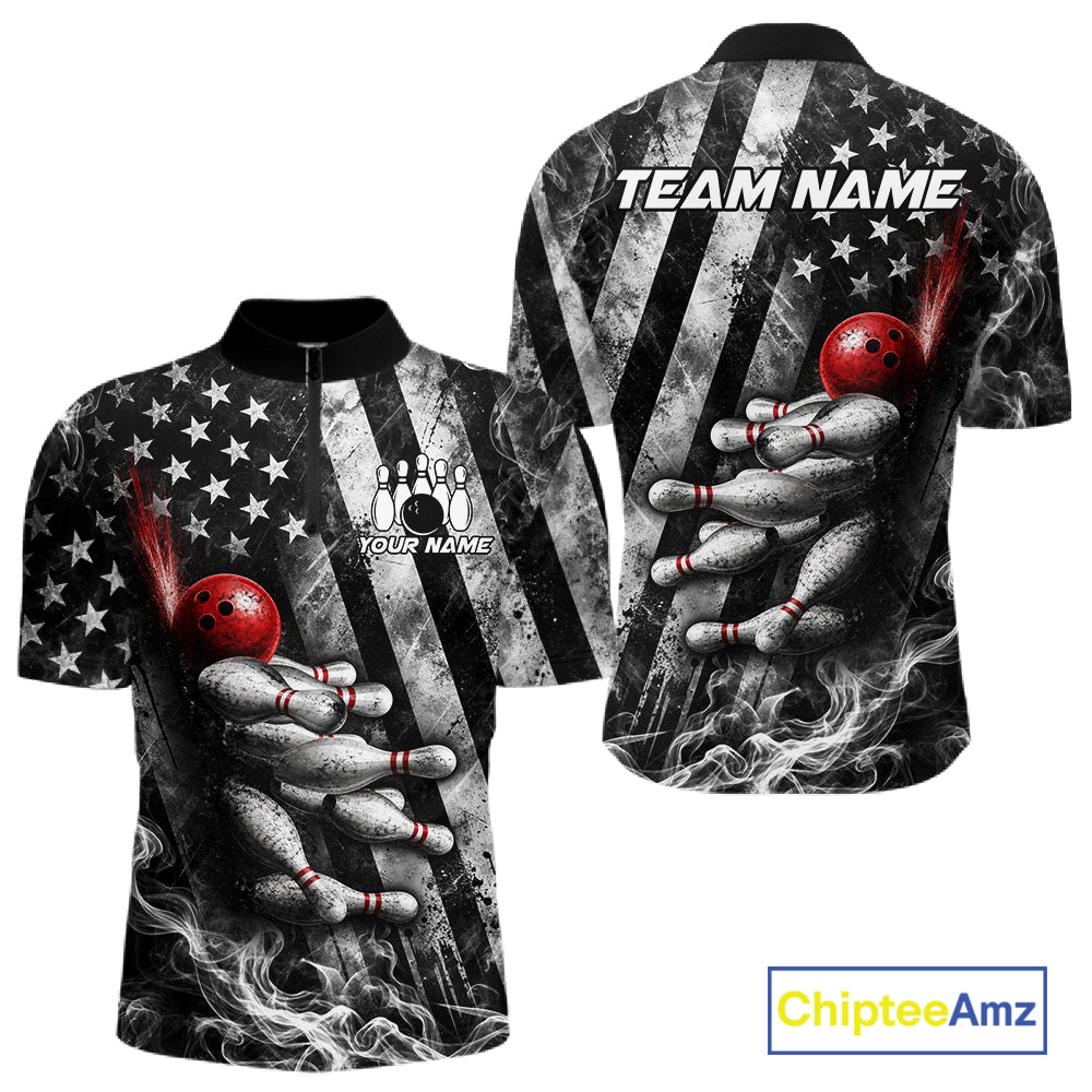 Smoke US Flag Patriotic Bowling Shirt For Men Custom Red Grunge Strike Bowling Team Jerseys NYN4062