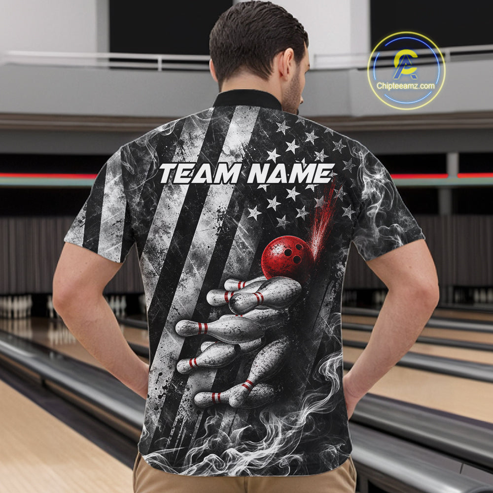 Smoke US Flag Patriotic Bowling Shirt For Men Custom Red Grunge Strike Bowling Team Jerseys NYN4062