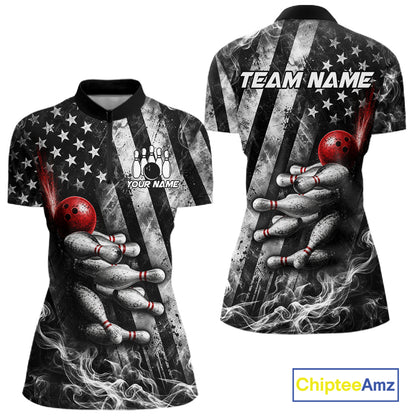 Smoke US Flag Patriotic Bowling Shirt For Women Custom Red Grunge Strike Bowling Team Jerseys NYN4062