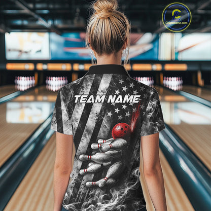 Smoke US Flag Patriotic Bowling Shirt For Women Custom Red Grunge Strike Bowling Team Jerseys NYN4062