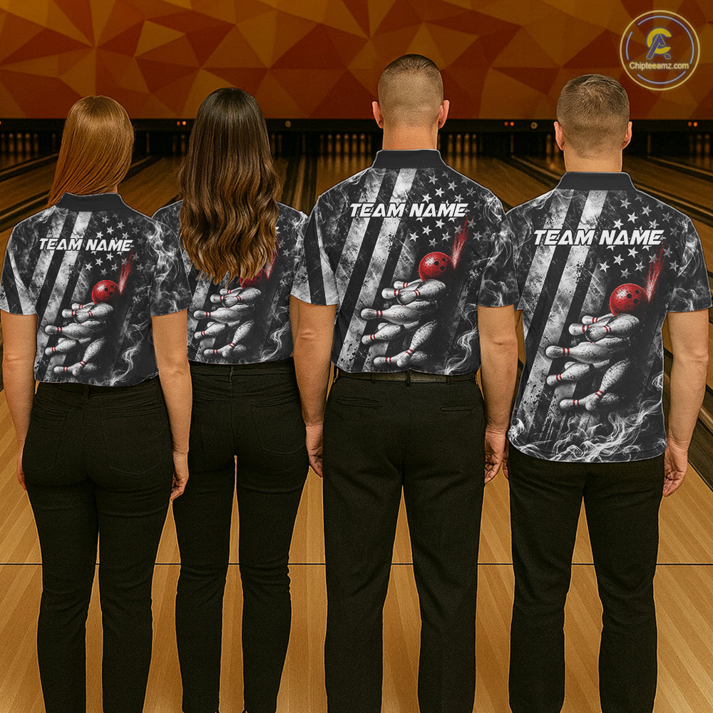 Smoke US Flag Patriotic Bowling Shirt For Men Custom Red Grunge Strike Bowling Team Jerseys NYN4062
