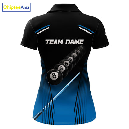 Black & Blue Billiard Ball Cue Pool Women Polo & 1/4-Zip Shirt Custom 8 Ball 3D Billiards Attire NYN2455