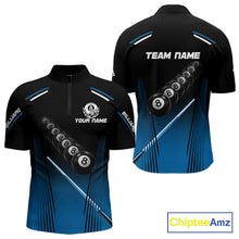 Load image into Gallery viewer, Black &amp; Blue Billiard Ball Cue Pool Men Polo &amp; 1/4-Zip Shirt Custom 8 Ball 3D Billiards Attire NYN2455