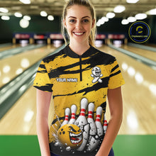 Load image into Gallery viewer, Female model wearing yellow grunge cracked bowling ball and pins shirt custom bowling league jersey
