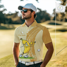 Load image into Gallery viewer, Male golfer modeling funny banana golf polo during club tournament, premium golf apparel symbolizing energy, happiness, confidence and lighthearted competition.