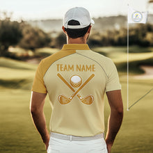 Load image into Gallery viewer, Male golfer modeling funny banana golf polo during club tournament, premium golf apparel symbolizing energy, happiness, confidence and lighthearted competition.