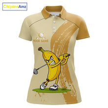 Load image into Gallery viewer, Women's golf polo mockup featuring playful banana graphics, personalized golf apparel for women's golf leagues, golf clubs and vacation golf events.