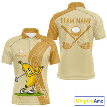 Load image into Gallery viewer, Men's golf polo mockup featuring humorous banana artwork, custom golf shirt for golf teams, leagues and country clubs. Appeals to food lovers, tropical vacation fans and casual golfers
