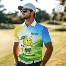 Load image into Gallery viewer, Man wearing funny lemon golf polo shirt during golf tournament