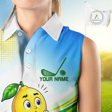 Load image into Gallery viewer, Woman wearing funny lemon golf sleeveless polo shirt during golf tournament