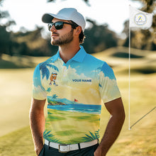 Load image into Gallery viewer, Man wearing funny potato golf polo shirt during golf tournament