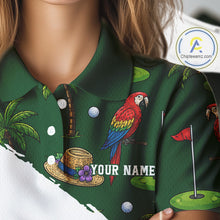 Load image into Gallery viewer, Woman wearing parrot palm tree golf polo shirt on sunny golf course