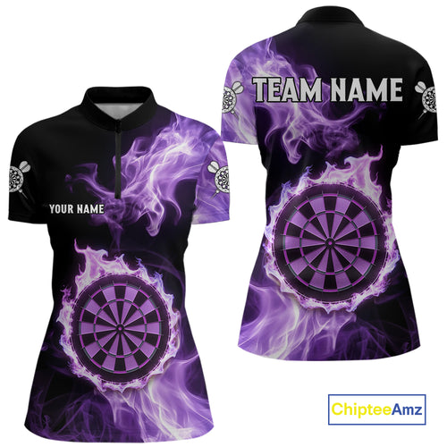 Custom Black And Purple Flames Dartboard Dart Women Quarter-Zip Jerseys Outfits Dart Team Shirt NYN1661
