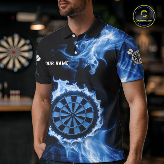 Custom Black And Blue Flames Dartboard Dart Men Polo Jerseys Outfits Dart Team Shirt NYN1663