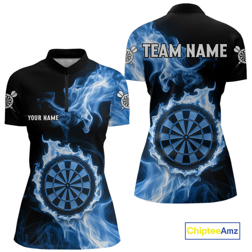 Custom Skeleton Blue Flames Dartboard Dart Women Quarter-Zip Jerseys Outfits Dart Team Shirt NYN1665