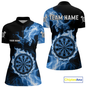 Custom Skeleton Blue Flames Dartboard Dart Women Quarter-Zip Jerseys Outfits Dart Team Shirt NYN1665
